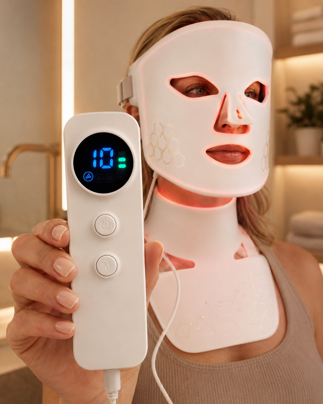 Woman wearing the Rebound Halo system while displaying its controller
