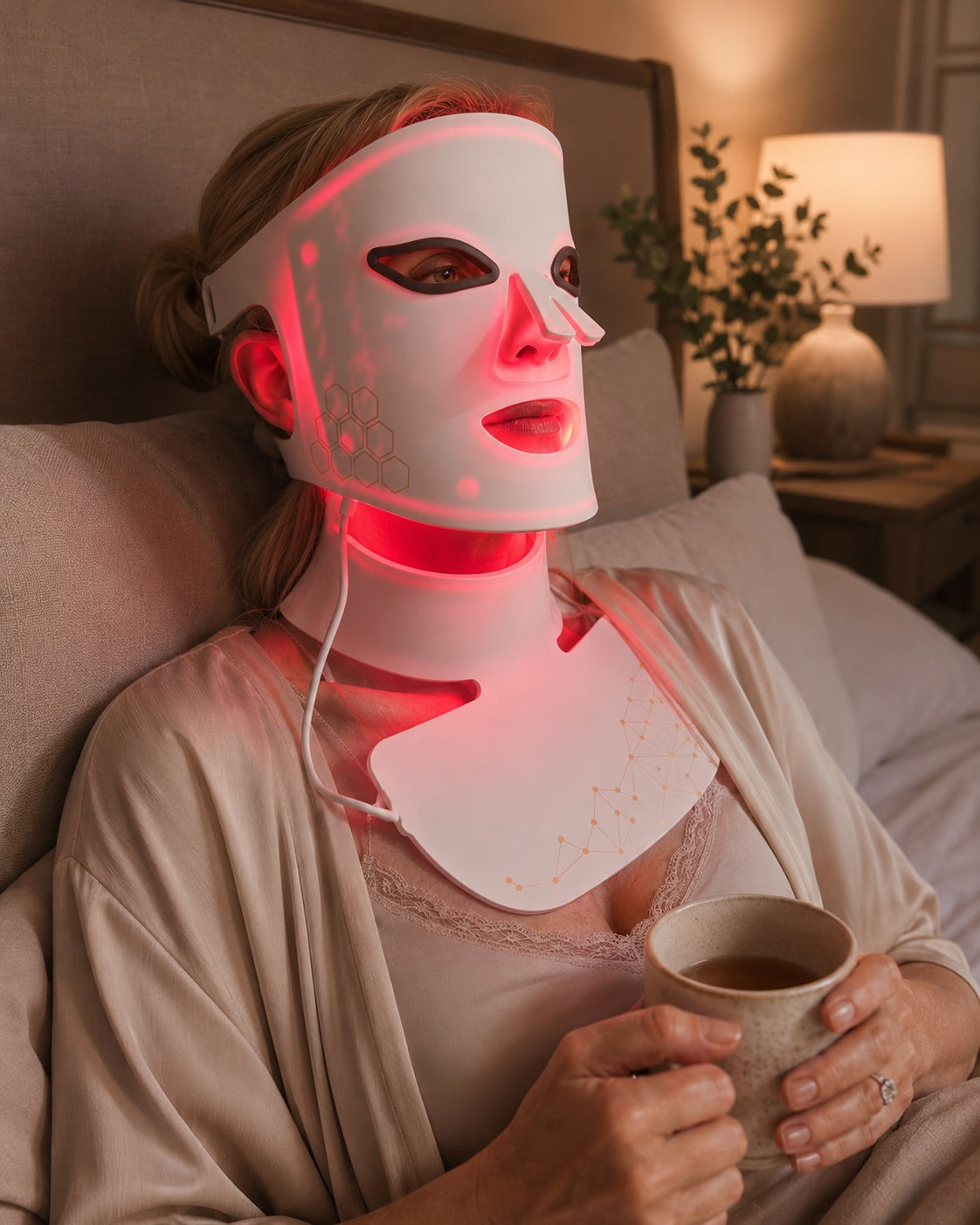 Woman relaxing with tea while the white Rebound Halo face and neck system runs at home