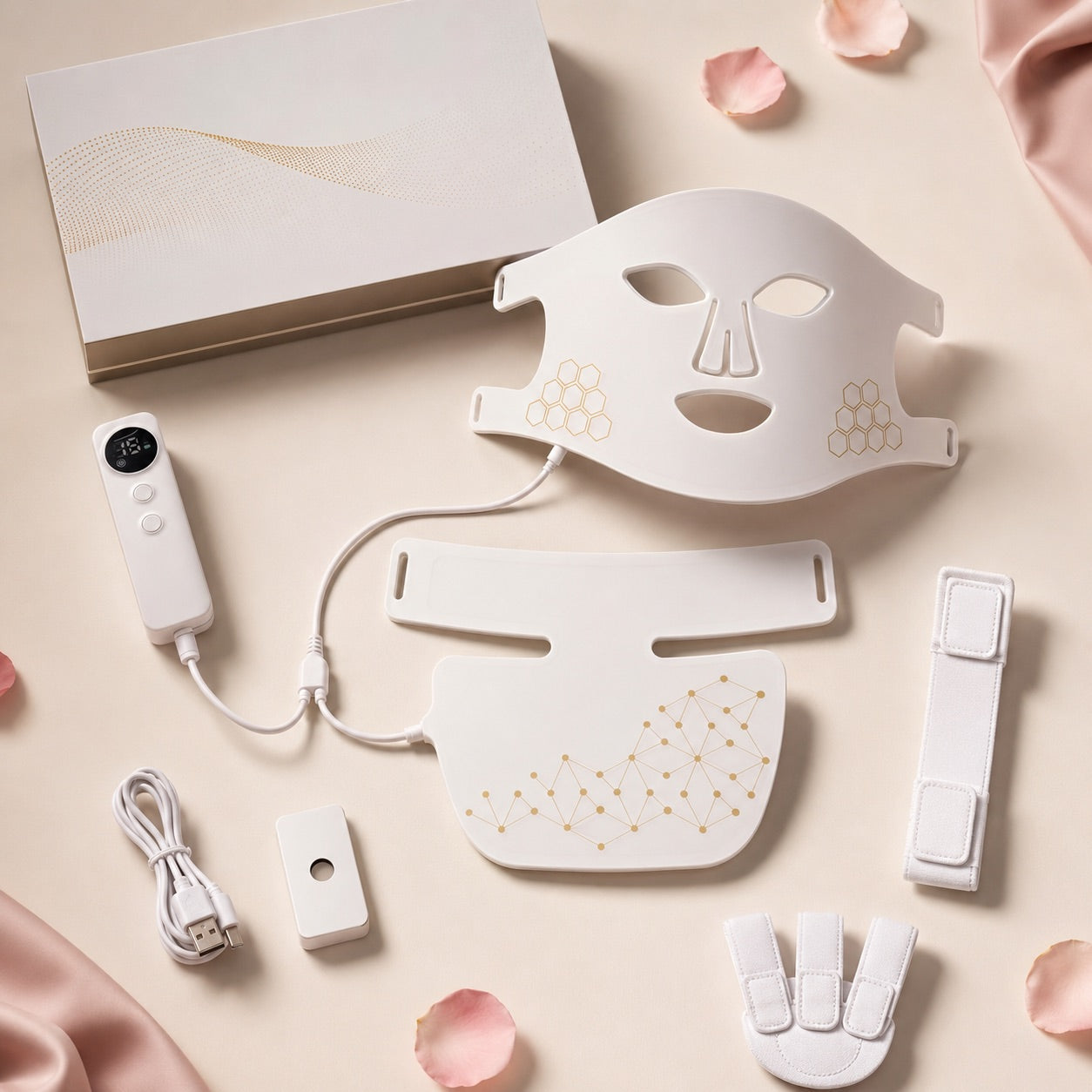 Complete white Rebound Halo kit with face mask, neck attachment, controller, accessories, and box