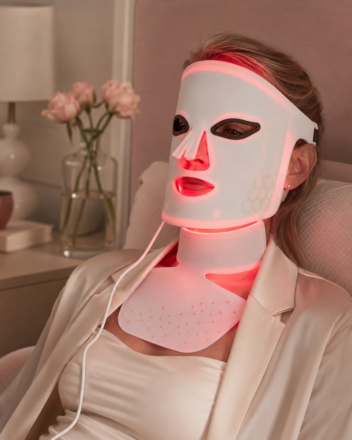 Woman wearing the complete white Rebound Halo face mask and neck attachment