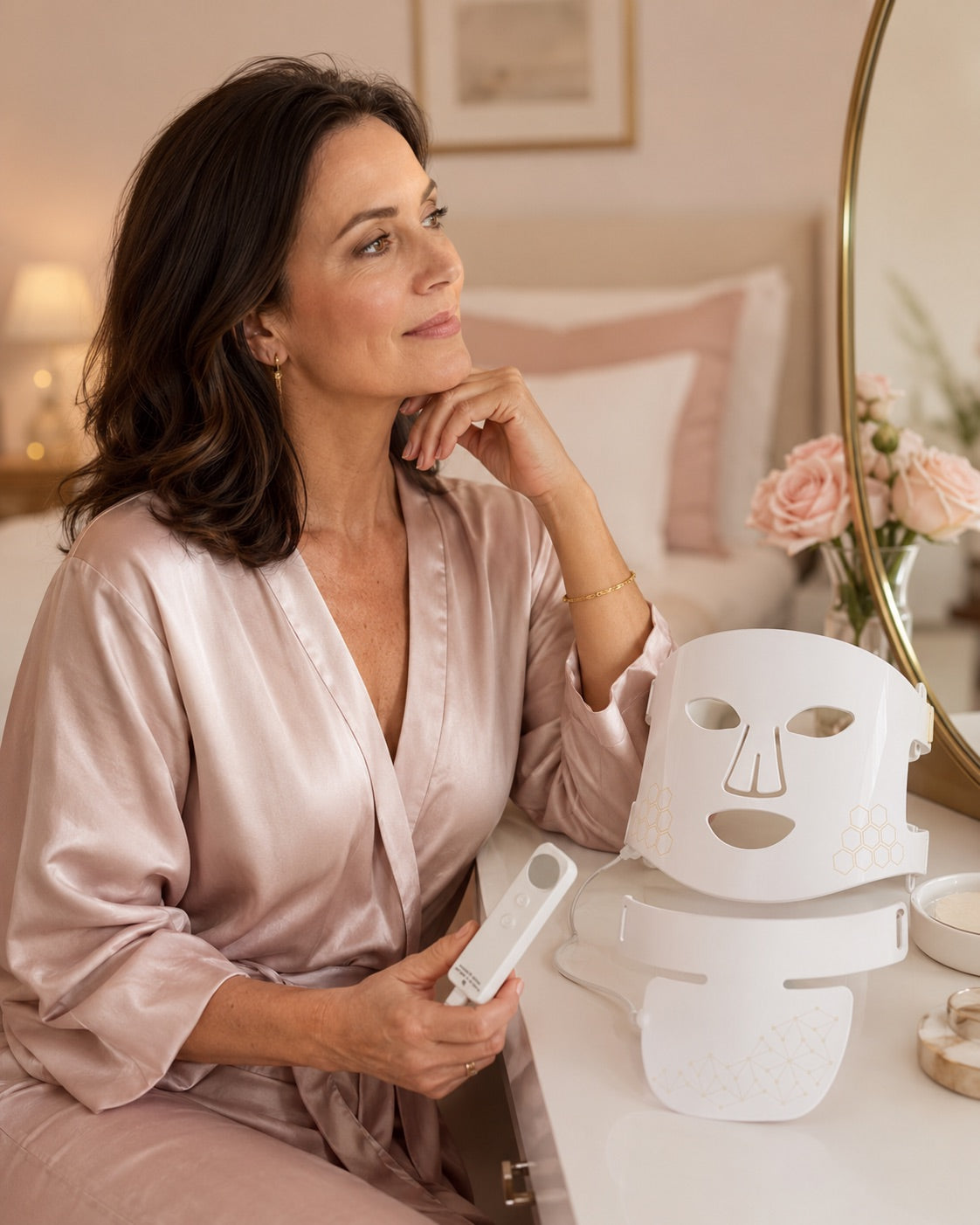 Woman examining her face and neck while considering the Rebound Halo system at a vanity mirror