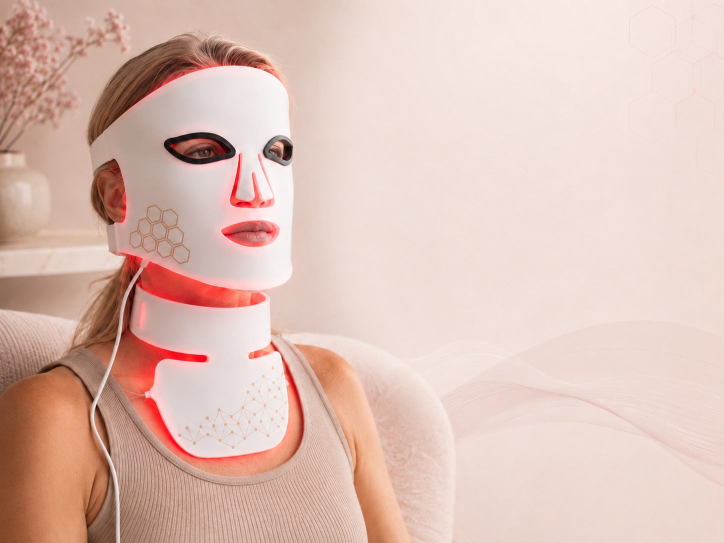 Woman using the Rebound Halo face and neck system in a calm routine setting