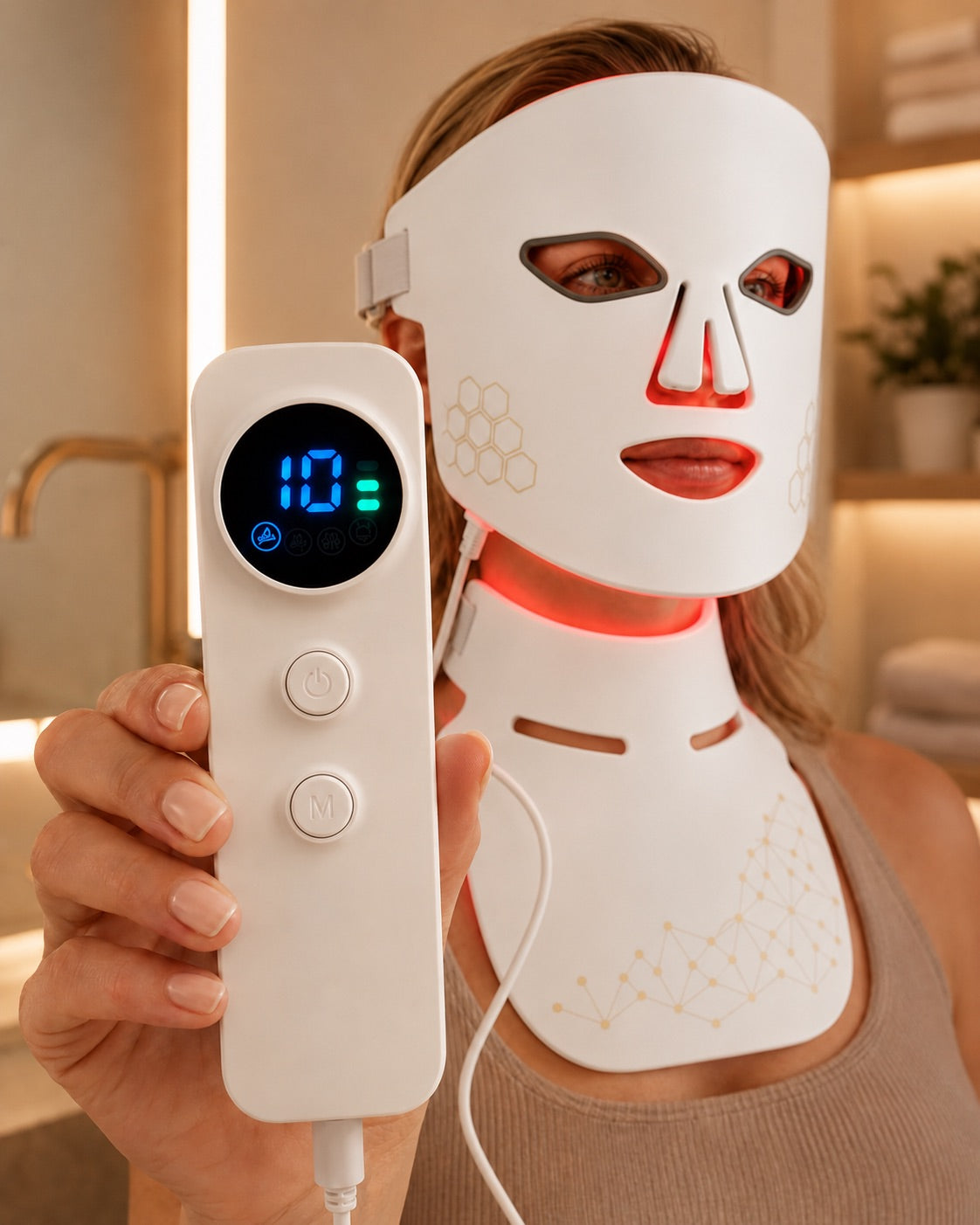 Woman showing the Rebound Halo controller during a 10-minute session