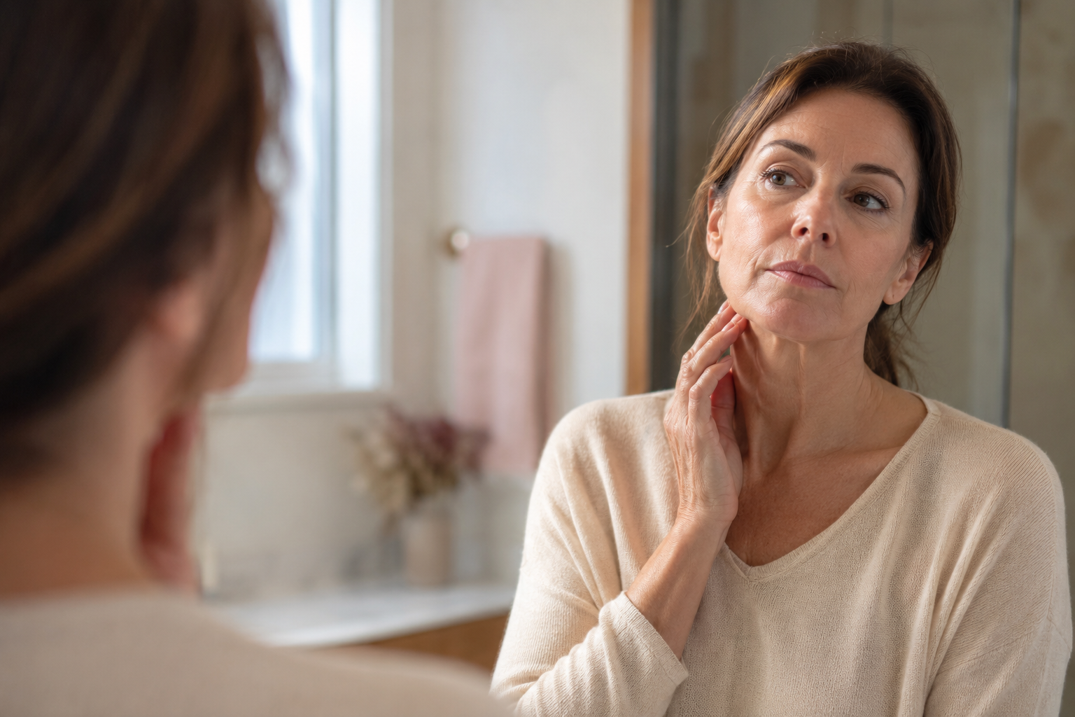 Woman examining the skin on her neck in a bathroom mirror